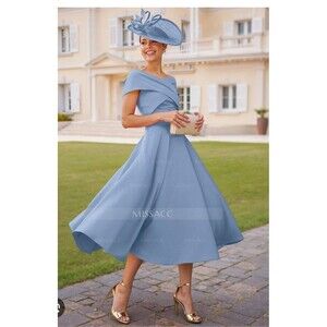 Missacc Off The Shoulder Tea Length  Satin Line A  Formal Bridesmaid Wedding
